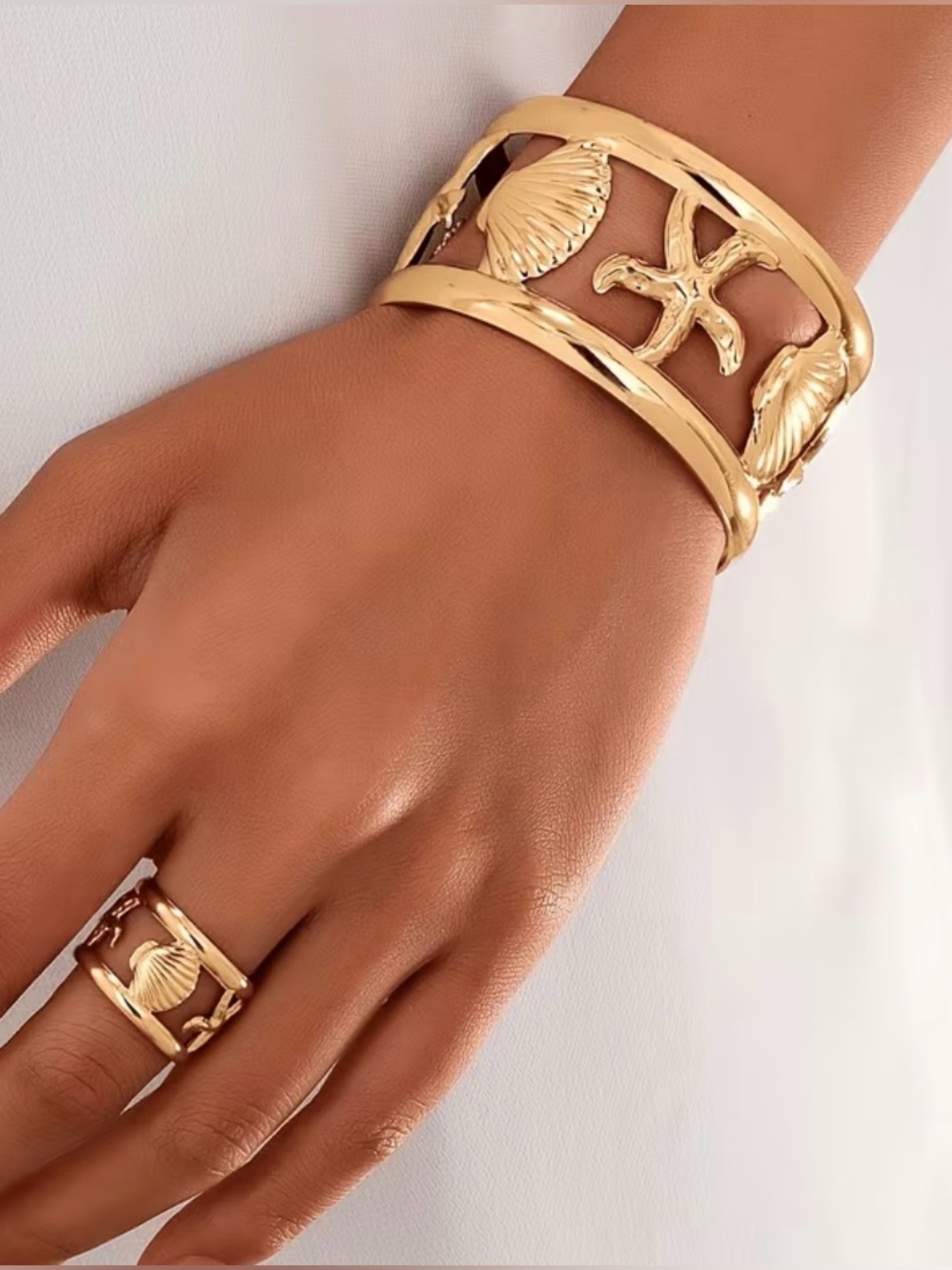 Gold Seashell and Starfish Cuff Bracelet with Matching Ring - Women Jewelry
